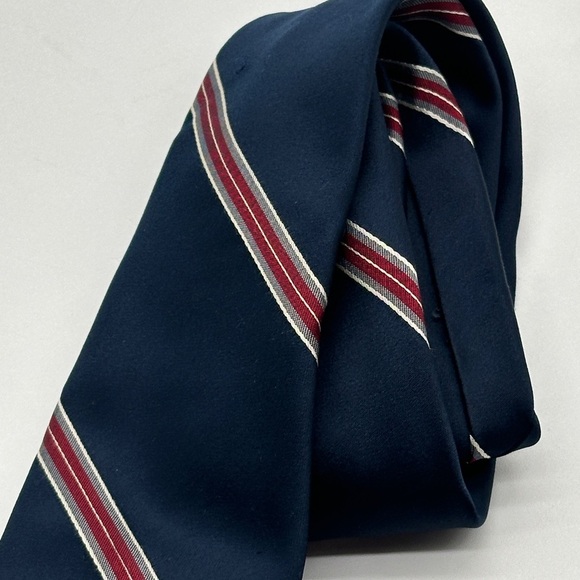 VINTAGE Christian Dior Mens Tie Striped Blue Red Gray Logo Embroidered - Picture 4 of 5